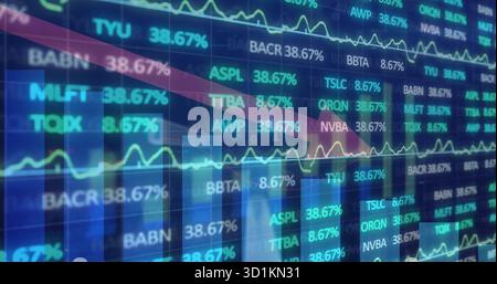 Displaying red arrow trending downward across market dashboard with tickers, bar and line charts Stock Photo