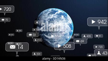 Floating 3D-rendered Earth globe rotating in deep space, with play envelope and user icon bubbles Stock Photo