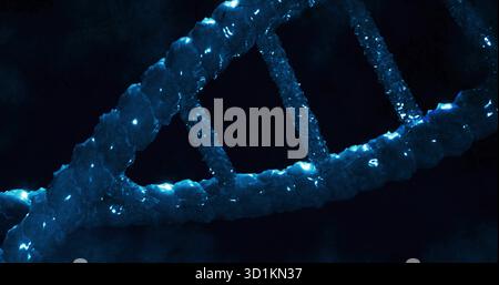 Showing glowing blue DNA double helix twisting diagonally across molecular simulation environment Stock Photo