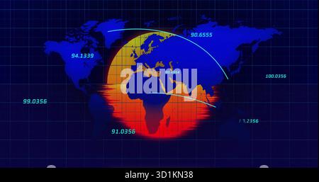 Displaying gradient globe overlay over world map on blue grid, showing arrows and numeric labels Stock Photo