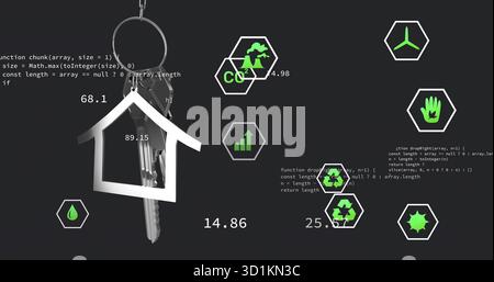 Displaying keyring with house keychain and keys on dashboard showing code and eco icons, copy space Stock Photo