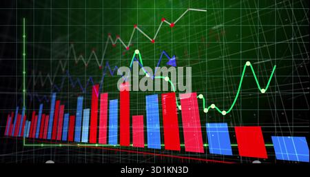 Displaying charting interface, red blue bars, line charts with markers over neon green grid axes Stock Photo