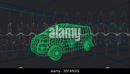 Rendering neon green wireframe van in simulation chamber with blue grid, white waveform overlays Stock Photo