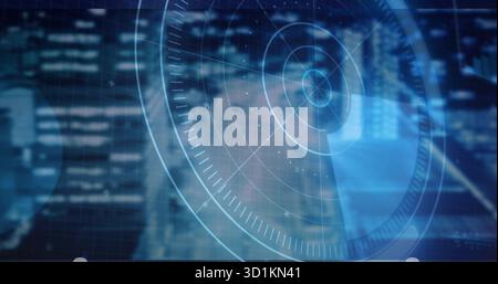 Displaying translucent circular radar interface overlaying nighttime city skyline, with data nodes Stock Photo