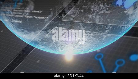 Displaying glowing digital globe floating in holographic workspace, with grid lines and node icons Stock Photo