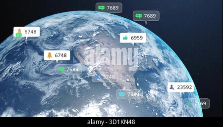 Displaying 3D Earth globe focusing on North and Central America in space, with social media icons Stock Photo