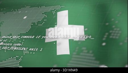 Displaying technical dashboard showing white 3D cross over dotted world map, with console text Stock Photo