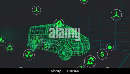 Displaying green wireframe van model floating in digital grid tunnel, surrounding eco energy icons Stock Photo