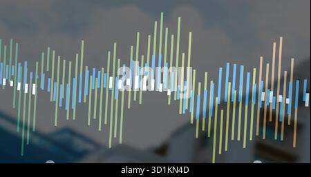 Displaying vivid vertical-bar waveform stretching across blurred room interior, with vibrant peaks Stock Photo