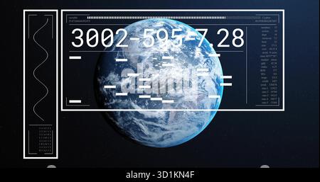 Displaying rotating Earth globe in outer space, with HUD panels displaying data streams Stock Photo
