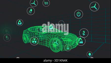 Displaying neon green wireframe sedan model floating within gridded 3D chamber, with eco-tech icons Stock Photo