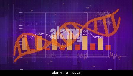 Displaying stylized orange DNA helix spanning digital dashboard, with bar chart and line graph Stock Photo