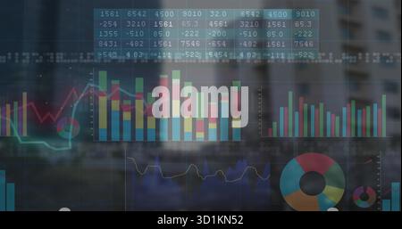 Displaying analytics dashboard overlay on office window with bar charts line graphs doughnut chart Stock Photo
