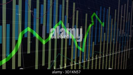 Displaying financial chart on dark dashboard, with blue and light green bars and trend line overlay Stock Photo