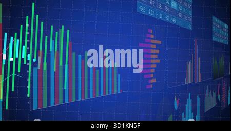 Trading dashboard displaying chart in software, with vertical bar charts, trend line and data table Stock Photo