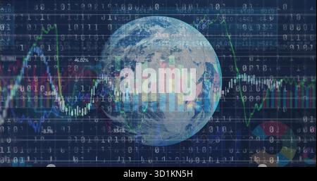 Displaying Earth globe on dark grid with binary code, bar charts, line graphs and numeric data Stock Photo