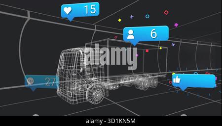 Displaying wireframe truck model navigating grid tunnel, with social media notification icons Stock Photo