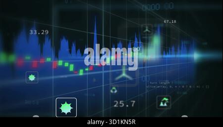 Displaying dashboard showing blue line graph, candlestick bars in virtual space, with eco icons Stock Photo
