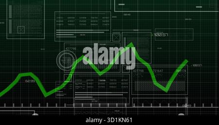 Displaying green line chart moving across UI, with panels grid ticks and circular highlights Stock Photo