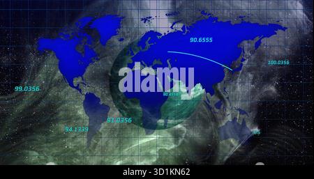 Displaying world map overlaying globe in digital visualization, with numeric coordinate labels Stock Photo