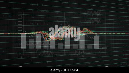 Displaying seven gray vertical bars and overlaying line graphs on dark dashboard, with teal grid Stock Photo