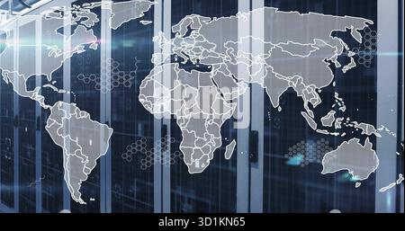 Displaying translucent world map overlaying server racks at data center, with LED lights, hex icons Stock Photo