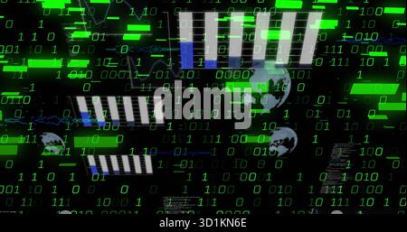Displaying network on dark backdrop, with green binary digits, globe icons and striped bars Stock Photo