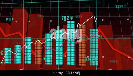 Displaying financial charts on digital market interface, with gridlines, bar graphs, line charts Stock Photo