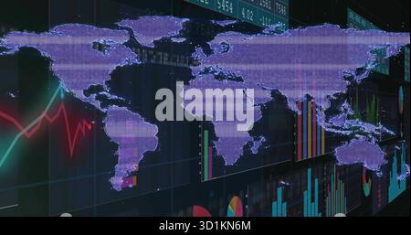 Displaying world map on high-tech dashboard, with green red trend lines, bar, pie charts, tickers Stock Photo