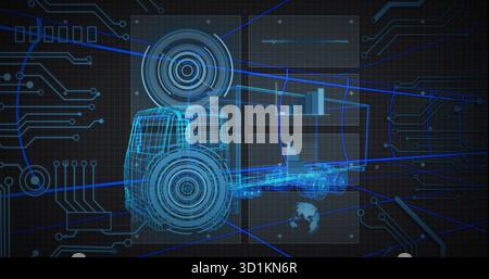 Rendering blue wireframe semi-truck cab with trailer on dark grid, showing data panels and globe Stock Photo