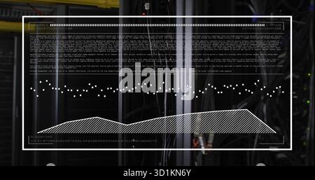 Displaying translucent interface overlaying server room, with cables, LEDs, code lines and chart Stock Photo