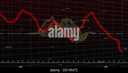 Displaying financial chart on dark grid screen, with red trend line and multicolored waveform lines Stock Photo