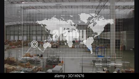 Displaying semi-transparent world map inside warehouse, with pallets, shelving and Australia marker Stock Photo