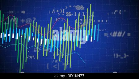 Displaying multicolored bars and pink light blue lines on blue grid screen, with floating symbols Stock Photo