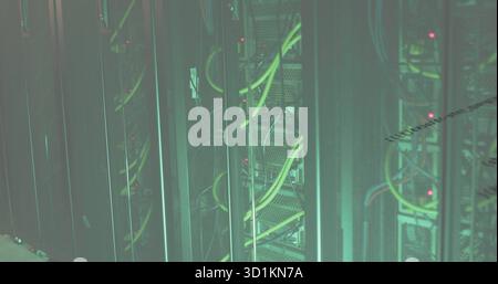 Showing rackmount servers and switches in data center rack with colored ...