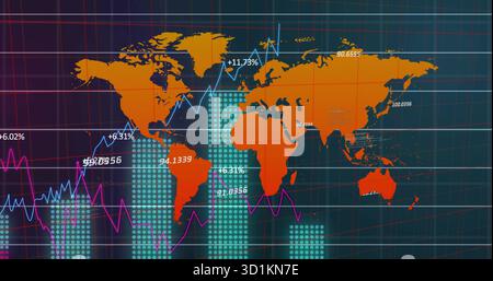 Orange world map graphic tracking data trends in digital dashboard, with bar charts and line graphs Stock Photo