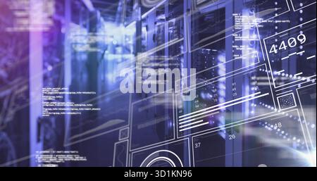 Blinking LED lights illuminating server racks in secure data center corridor, with code overlays Stock Photo