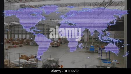 Projecting semi-transparent purple world map overlay across warehouse with pallets and machinery Stock Photo