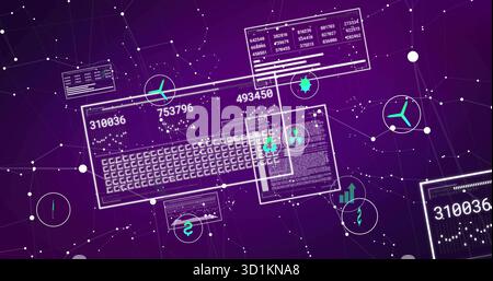 Displaying keyboard panel over purple network grid, with data windows and floating icons Stock Photo