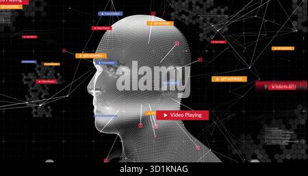 Displaying 3D mesh head in profile at dashboard with UI notifications, lines, nodes on hex grid Stock Photo