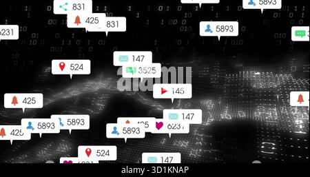 Streaming social notification icons floating over grid in digital network, displaying binary digits Stock Photo