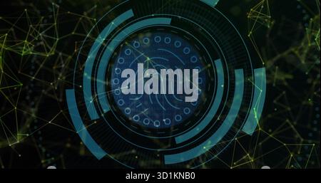 Showing fingerprint scanner projecting biometric overlay in mesh, with rings, arcs, code and nodes Stock Photo