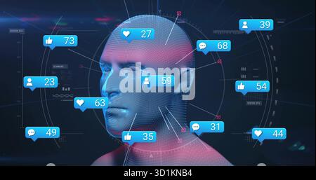 Animating 3D dotted mesh head model in digital interface, with social media icons, radial UI rings Stock Photo