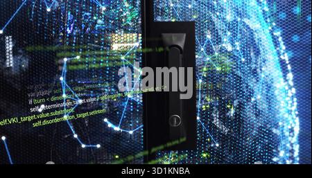 Displaying server rack door handle and keyhole in datacenter, with LED and network code overlay Stock Photo