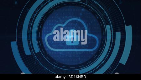Displaying glowing cloud icon showing padlock at abstract digital interface, with binary code rings Stock Photo