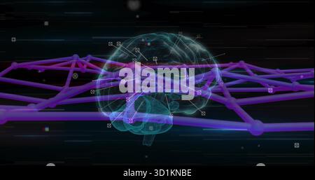 Floating 3D brain model rotating in virtual cyberspace, with neon lines and light streaks Stock Photo