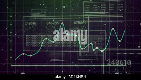 Displaying green fluctuating line graph with circular points sliding on dashboard, with data panels Stock Photo