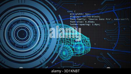 Displaying neon-blue wireframe car model in digital interface, with HUD, CSS code, and circuit grid Stock Photo
