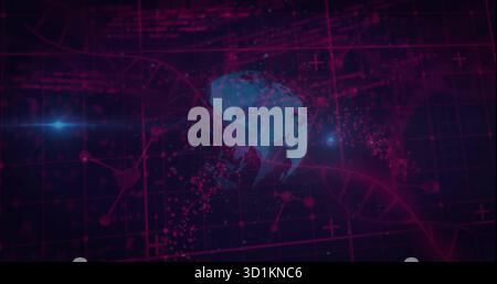 Spinning 3D globe floating in virtual cyberspace, with red-pink grid, nodes and double-helix strand Stock Photo