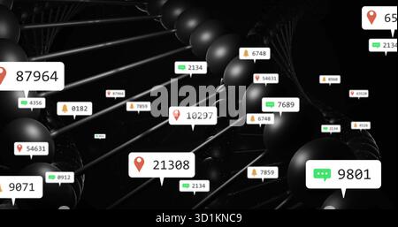 Showing DNA double helix floating in virtual space with spheres and rods, with floating data labels Stock Photo